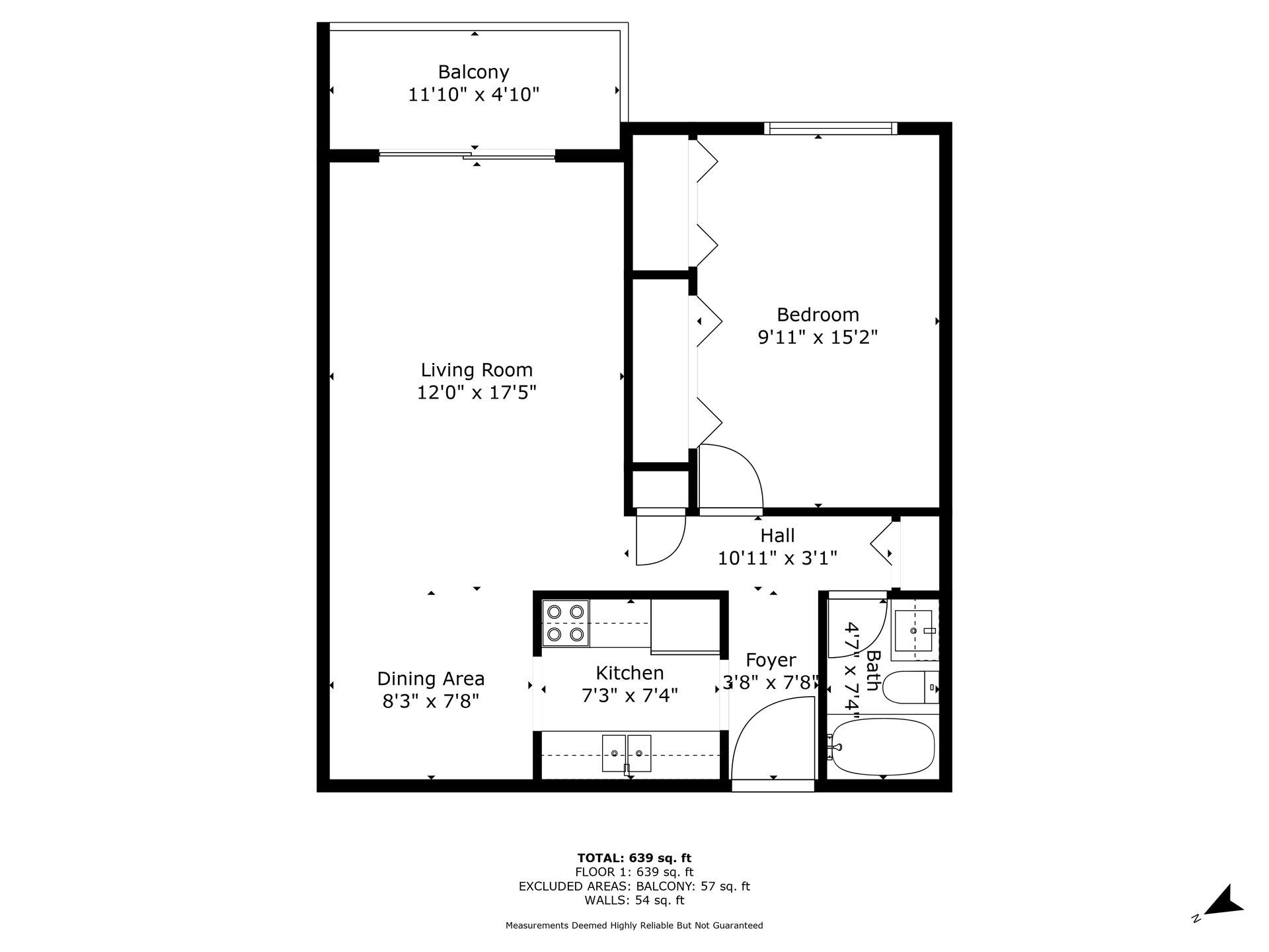 Black-and-white floor plan of a small apartment layout with labeled rooms and door openings