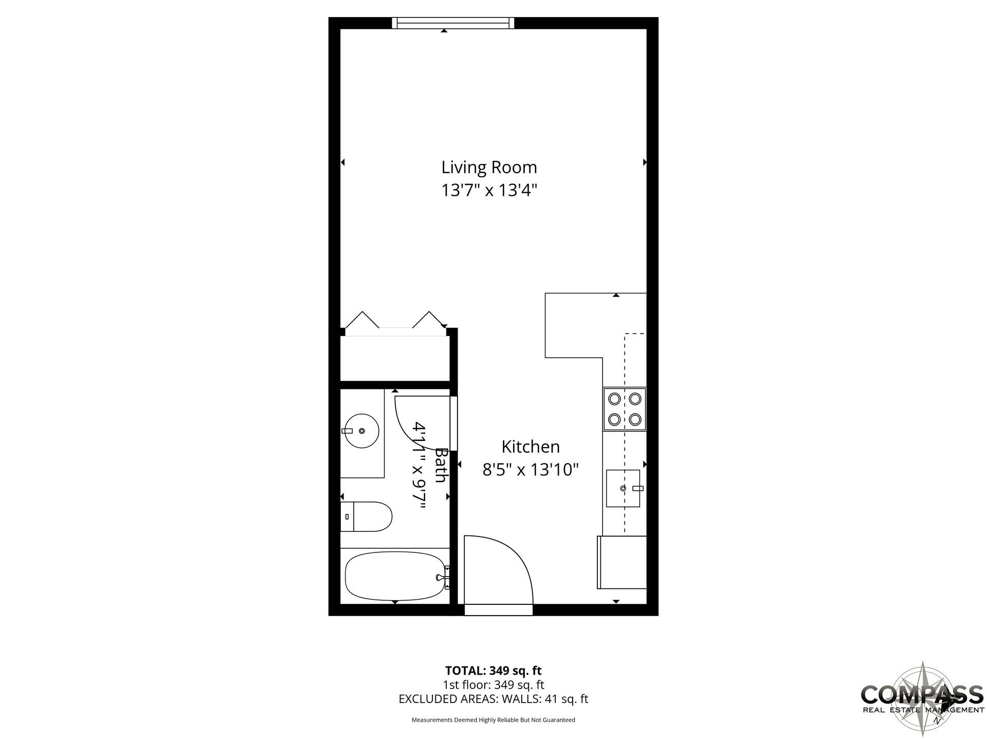 Floor plan of a small apartment with living room, kitchen, bath, and entry layout