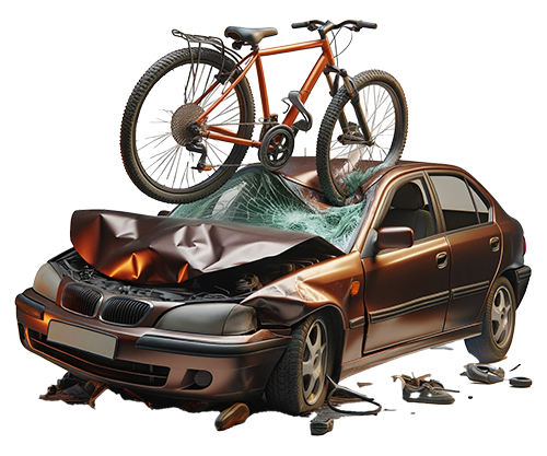 A bicycle is sitting on top of a wrecked car. Attorney Ernesto Gonzalez. Offices, Orlando.
