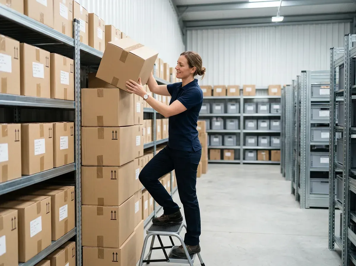 A woman reaches to stack a box on a metal shelf in a storage unit.