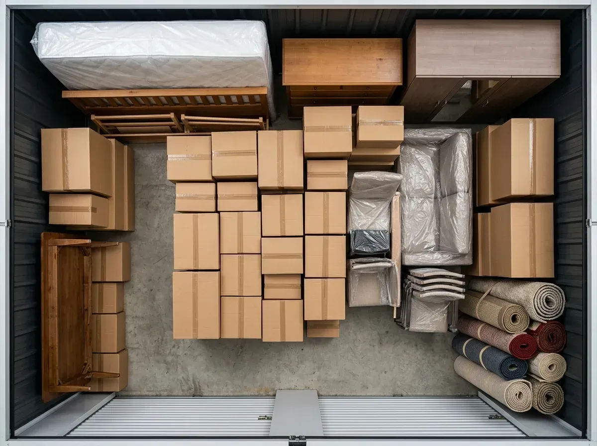 An overhead view of a storage unit organized for max efficiency