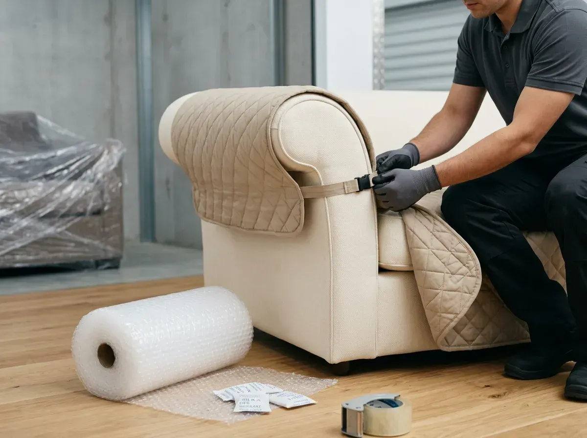 A mover wraps a sofa in a protective blanket before moving.