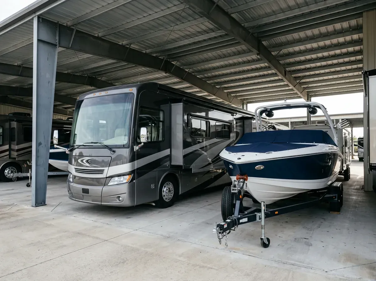 An RV and boat sit covered from the sun in a vehicle storage space
