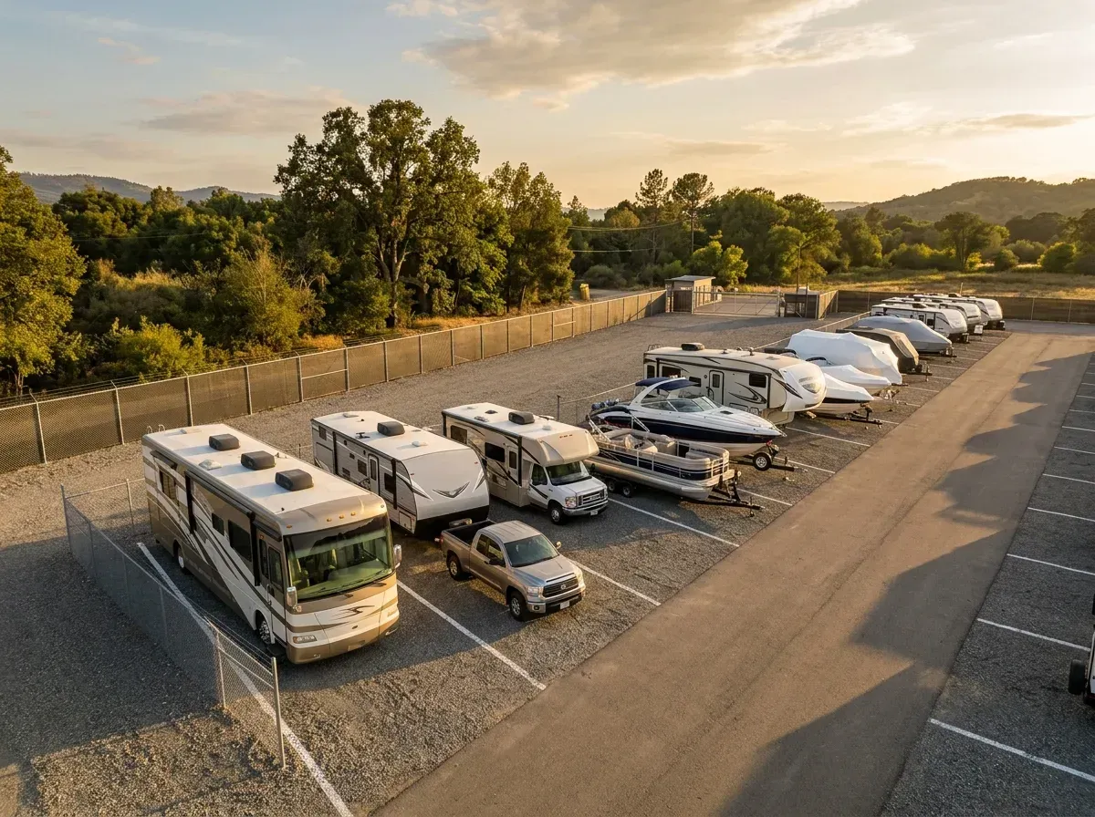RVs and Boats sit outside in a vehicle storage facility.