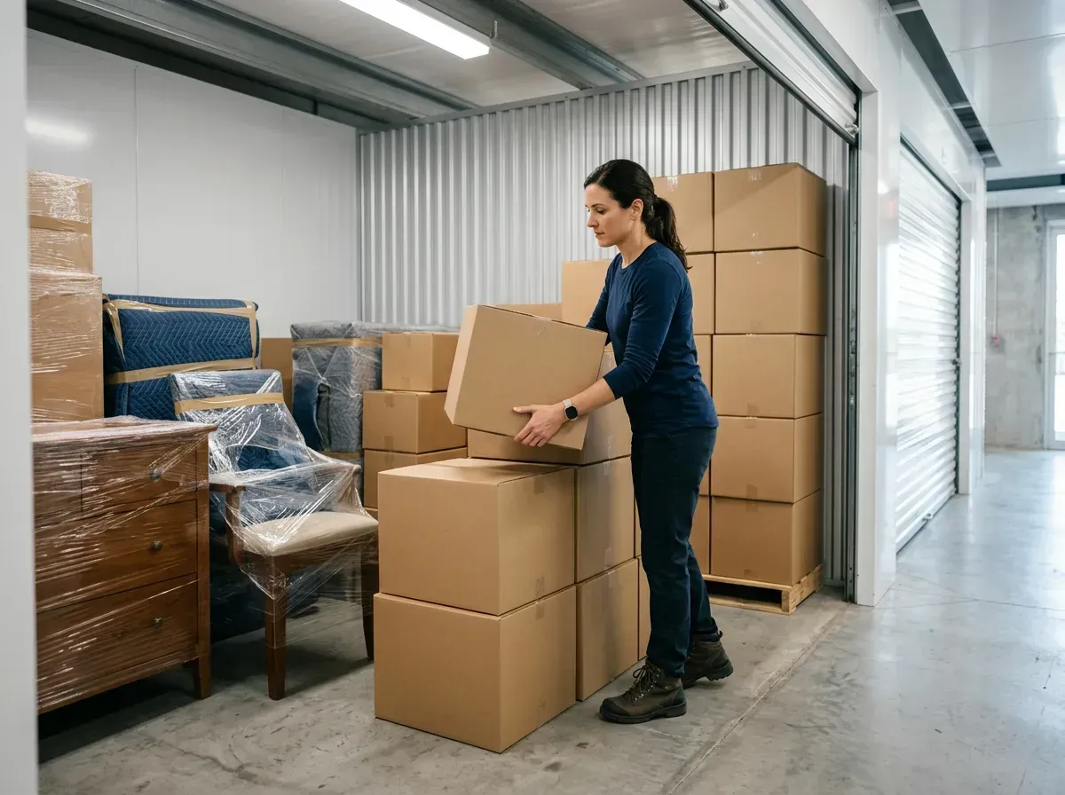 A woman loading a storage unit with cardboard boxes.