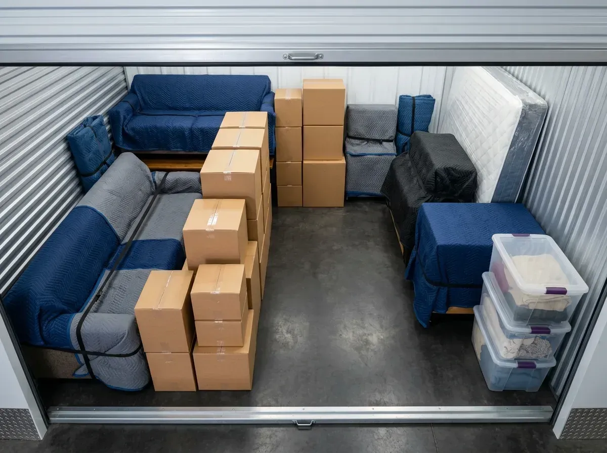 Couches, chairs, and other padded furniture in a storage unit.