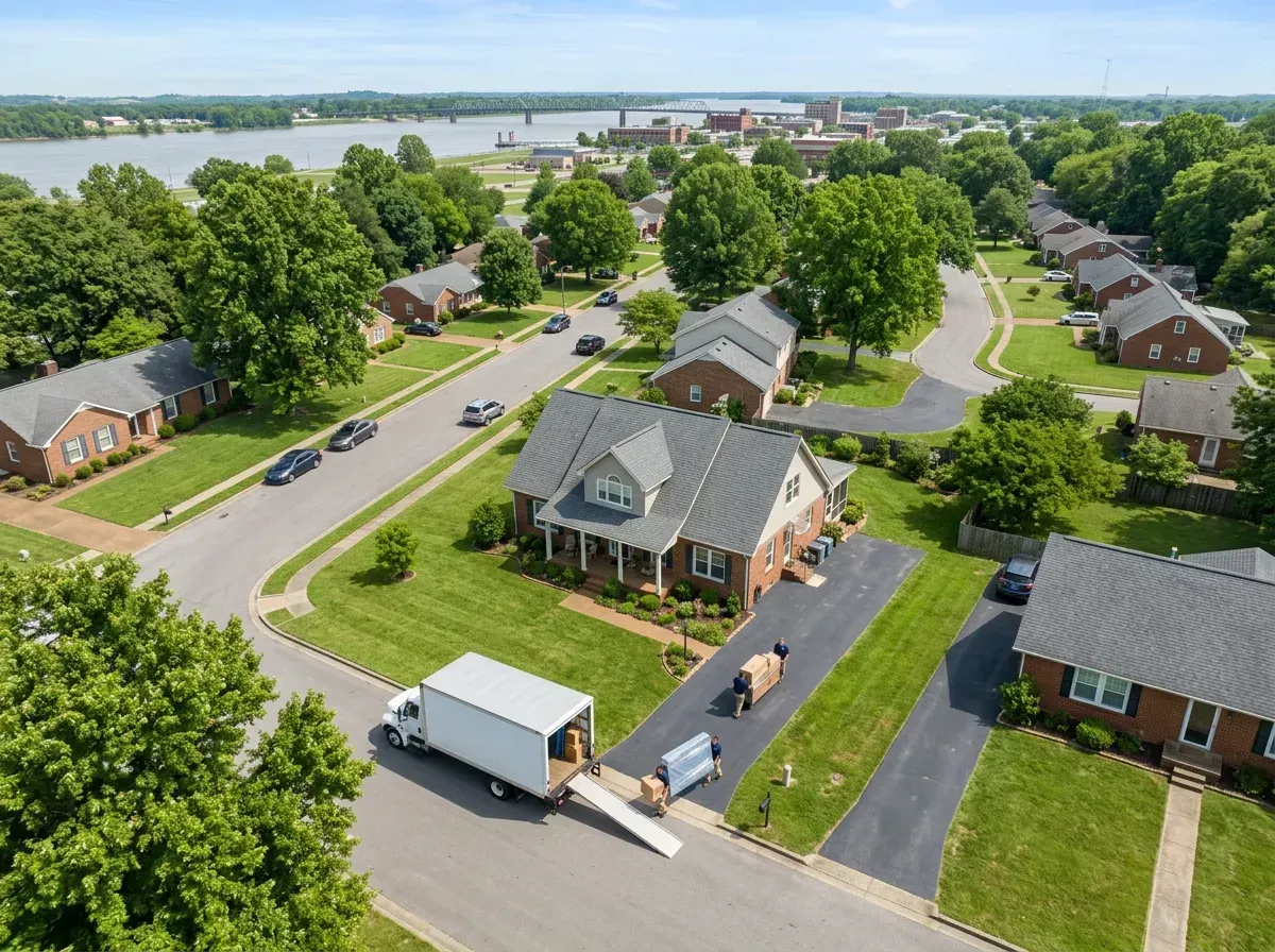 A bird’s-eye view of a Paducah neighborhood on a bright, clear day