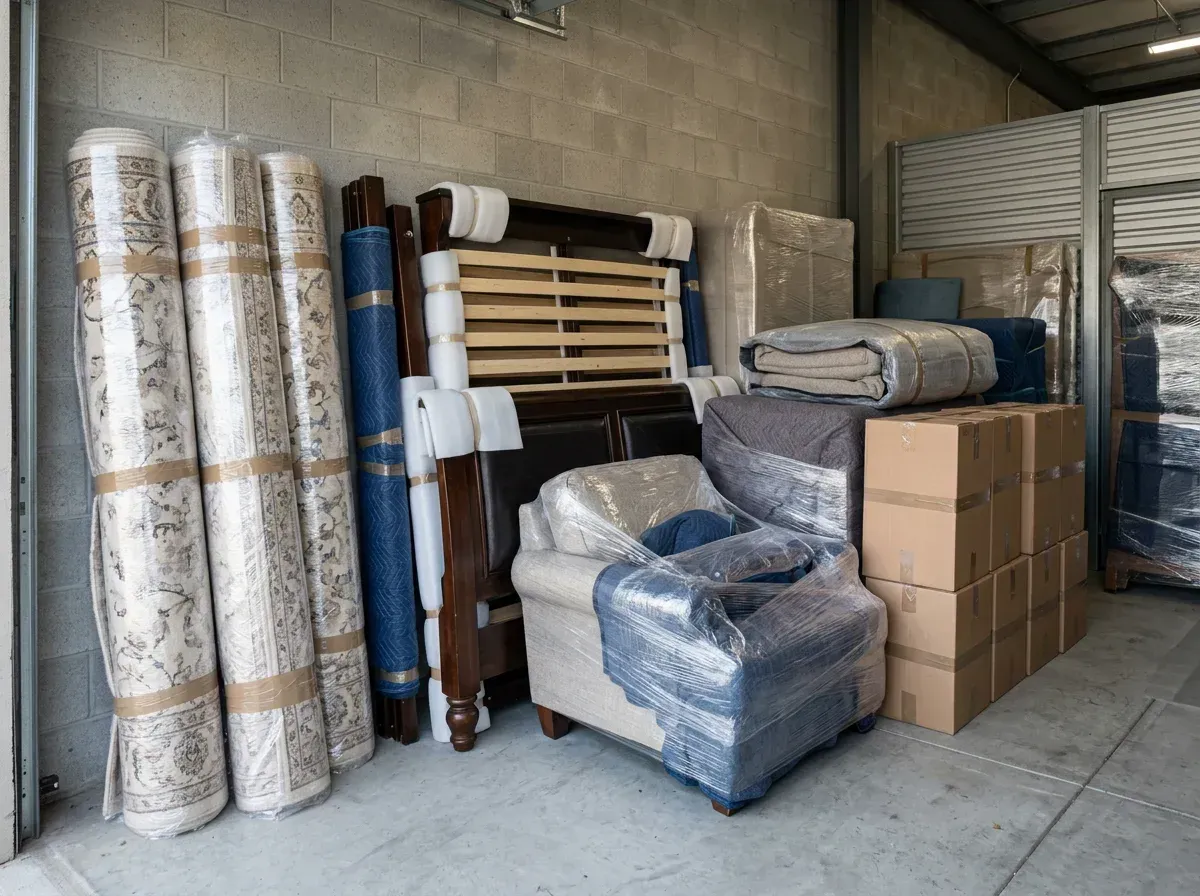 A storage unit packed with rolled-up rugs, a disassembled wooden bed frame, and furniture wrapped in plastic, including an armchair and cushions, alongside stacked cardboard moving boxes