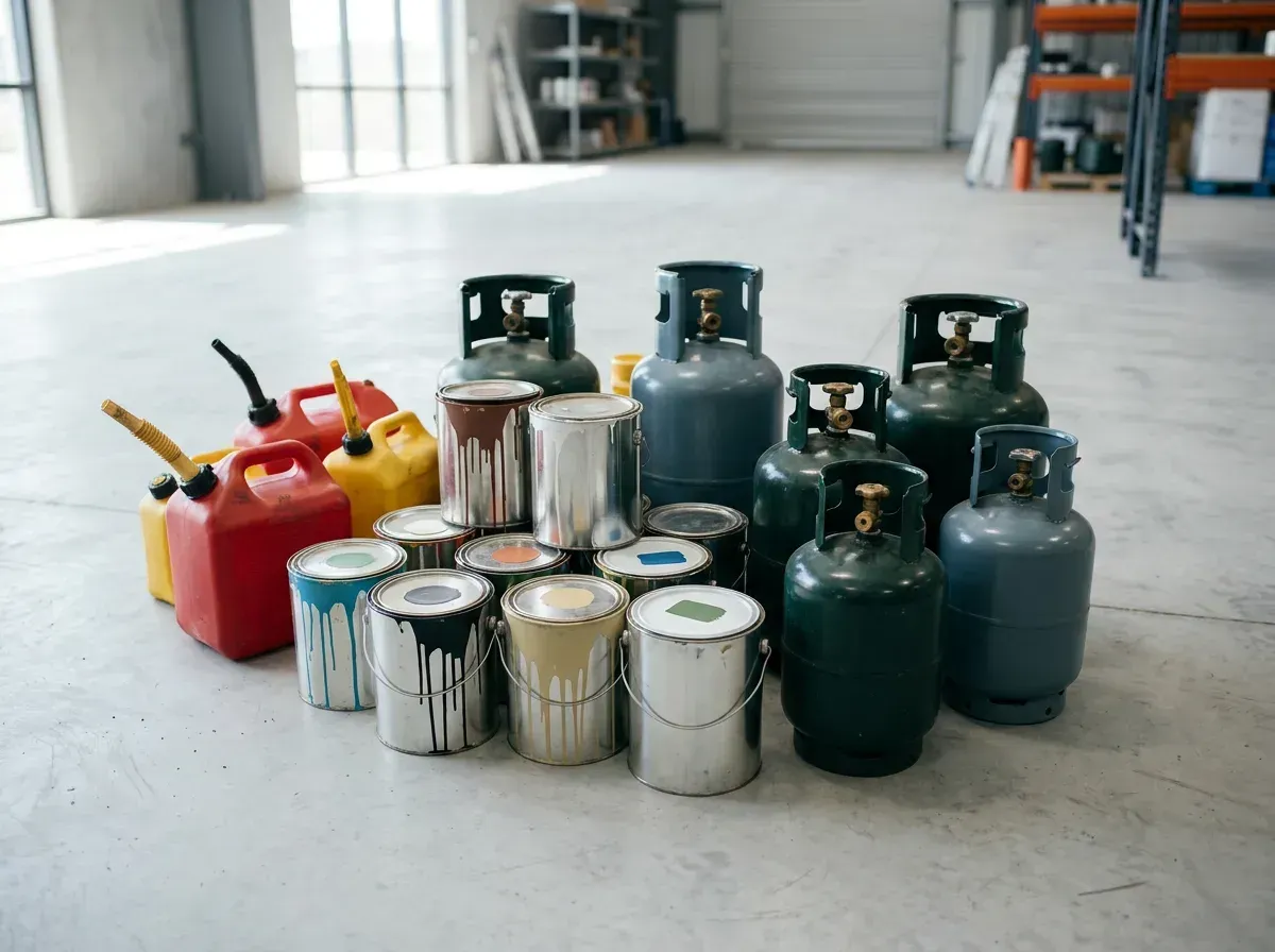 Paint cans, containers of gasoline, and propane tanks are examples of items not allowed in a storage unit.