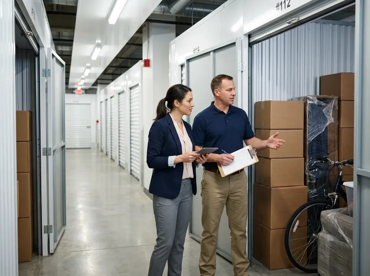 A storage unit manager and a renter walk through a hallway of units during a tour.