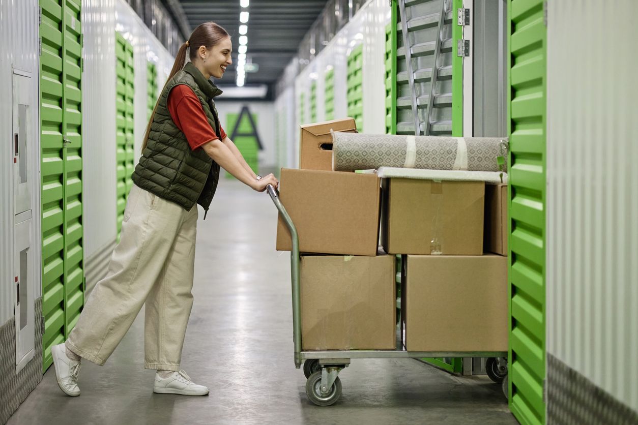 woman happily pushing a dolly into a storage unit 