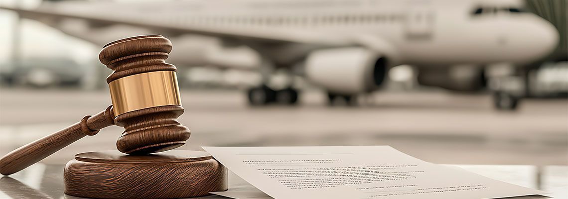 Judge's gavel on a desk with a blurred airplane in the background, suggesting a legal case involving aviation