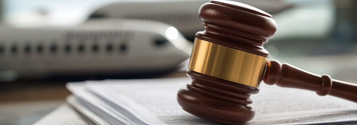 Gavel on a courtroom desk with blurred law books and scales in the background
