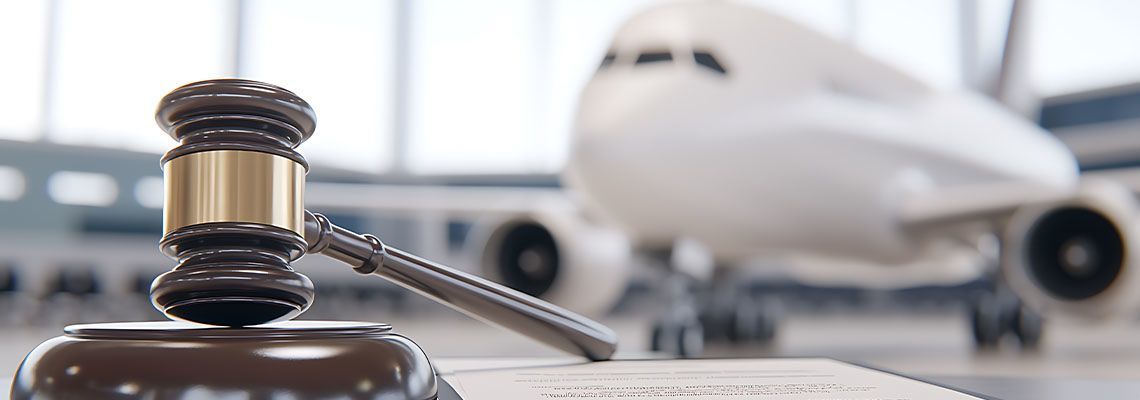 Gavel and judge’s bell on desk with blurred airplane in background, suggesting legal action against an airline