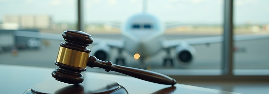 Judge’s gavel in foreground with blurred airplane on an airport runway in the background