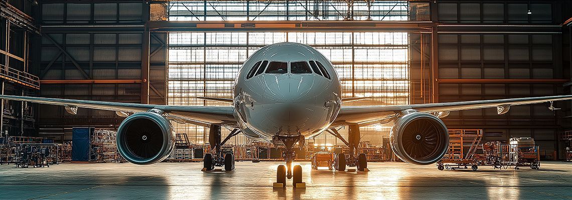 Airplane parked inside a spacious hangar, front view with open doors and warm lighting