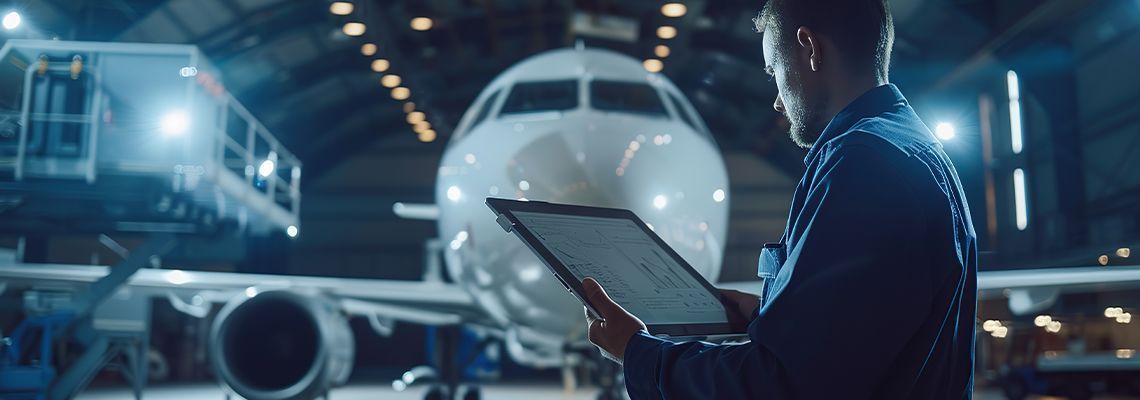 Engineer reviewing a tablet in front of a large airplane in a hangar at night