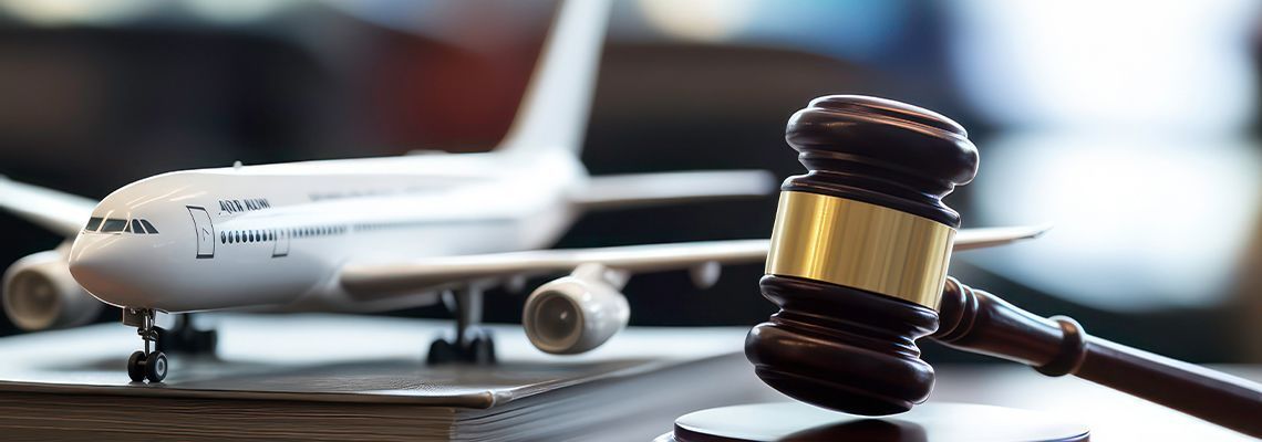 Airplane model and judge’s gavel on a desk, symbolizing aviation law or regulation