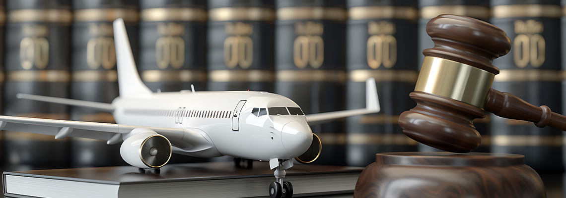 Toy airplane and judge’s gavel in front of law books, symbolizing aviation law or legal dispute