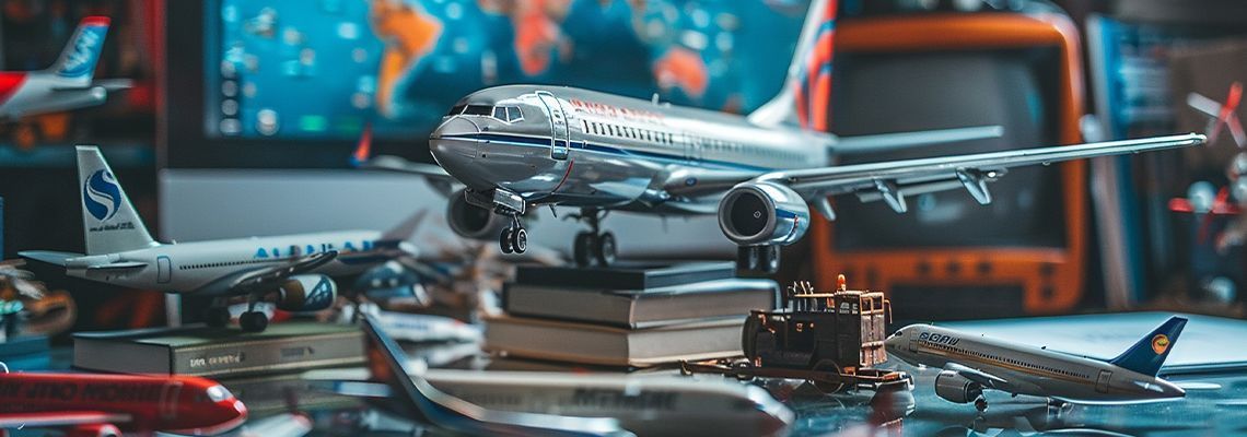 Silver model airplane on a wooden desk with tools and a blurred monitor in the background