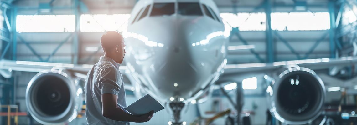 Technician inspecting a jet aircraft in a bright airport hangar