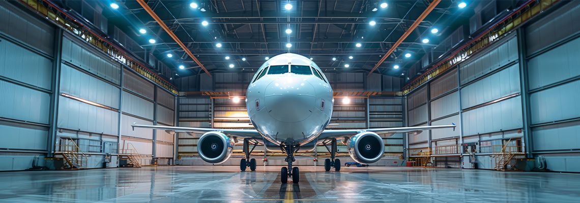 Commercial airplane in a brightly lit hangar, front view, with maintenance equipment around it