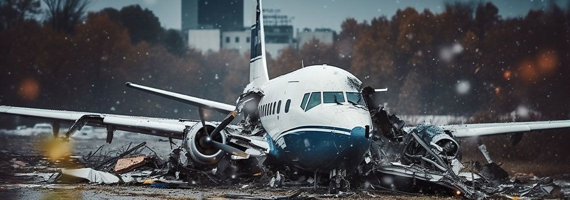 Damaged airplane wreckage on a snowy runway, front view, with debris and dim overcast lighting