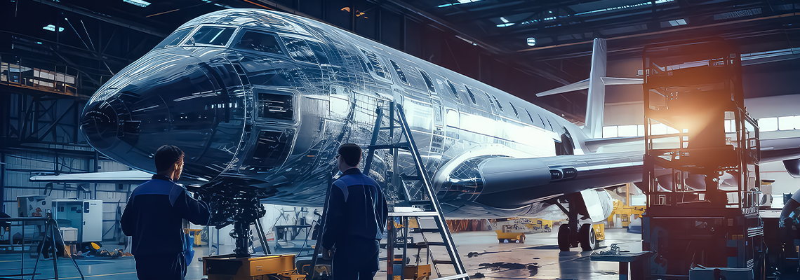 Workers inspect a large aircraft fuselage in a dimly lit assembly hangar with bright industrial lights.