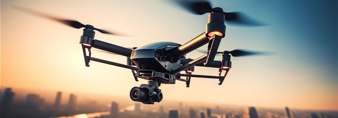Quadcopter drone flying at sunset over a city skyline, with blurred propellers and a mounted camera.