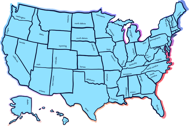 Light blue U.S. map with state borders and red East Coast outlined in pink