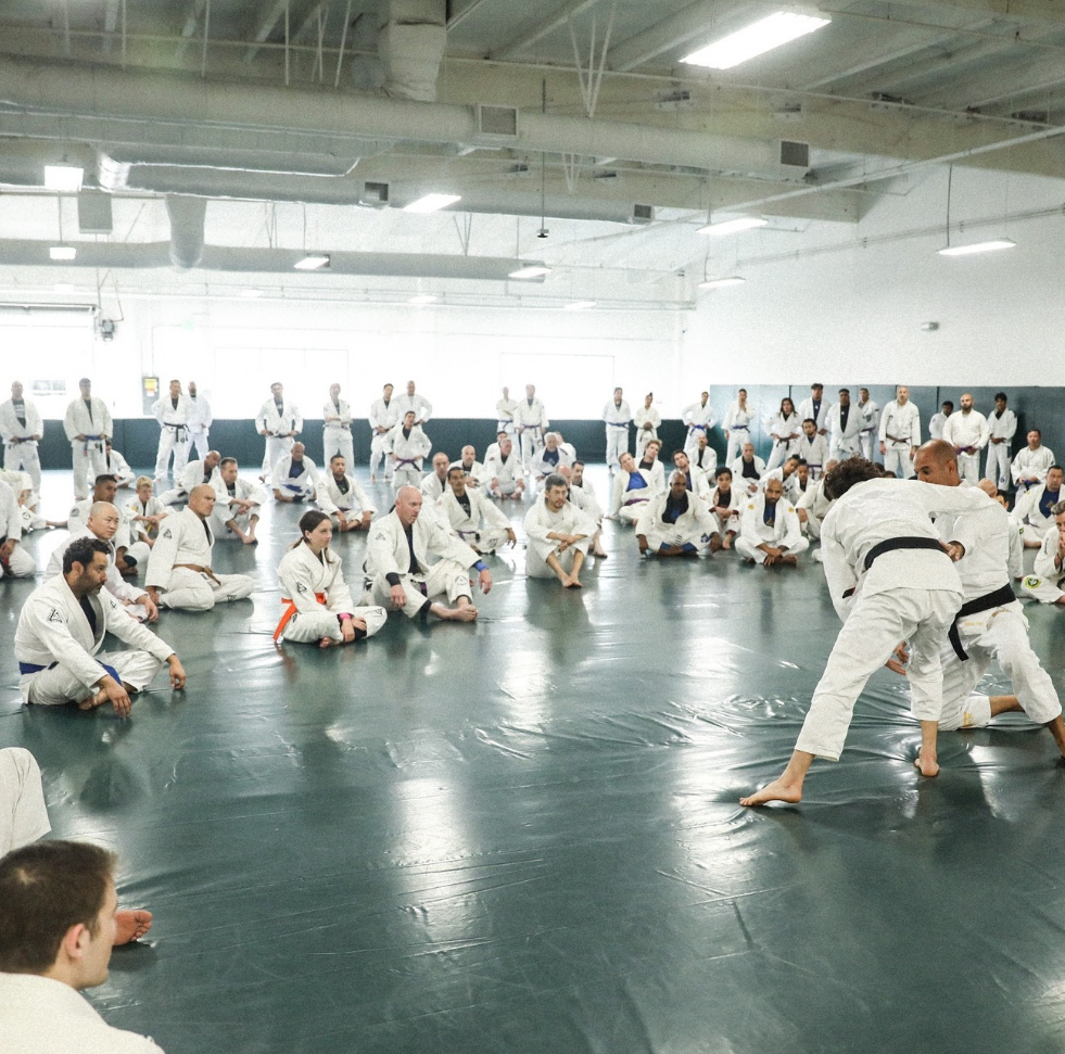 Adult students drilling grappling technique at Gracie Jiu-Jitsu San Jose in San Jose, CA.
