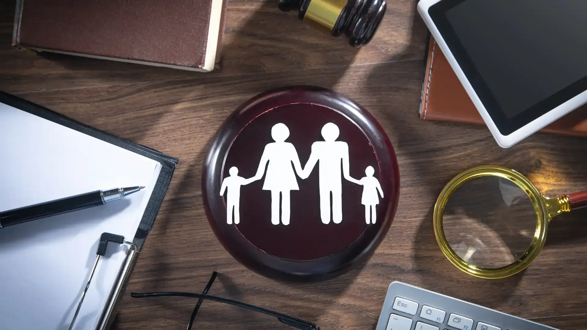Family symbol on gavel with legal documents and tech on a wooden desk.