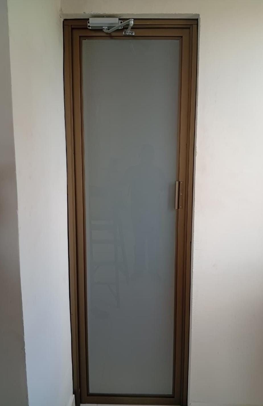 Puerta alta de vidrio esmerilado gris con marco de madera en una pared interior lisa.