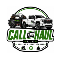 Call and Haul LLC logo with white truck and trailer, green and black hauling and junk removal branding