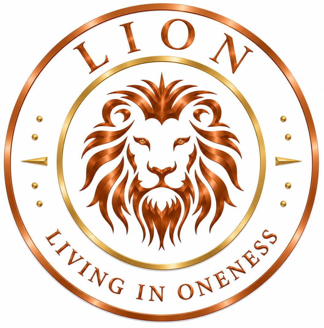 Circular bronze lion logo with the words “LION” and “LIVING IN ONENESS” around it