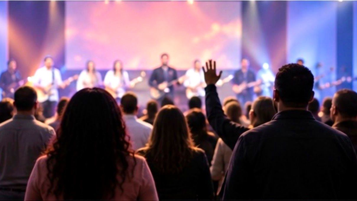 The congregation standing together in worship before the stage