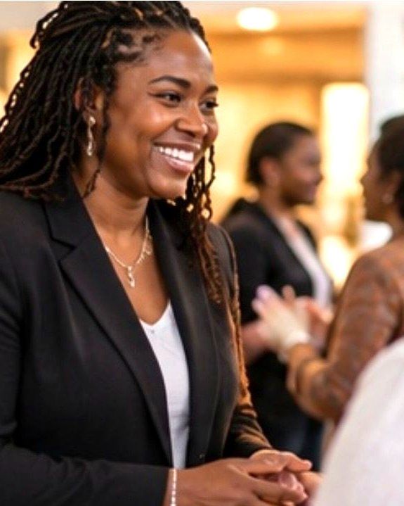 A woman welcoming a first time guest in the foyer