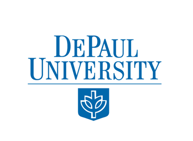 The logo for depaul university is blue and white