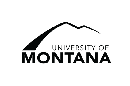 The university of montana logo is black and white with a mountain in the background.