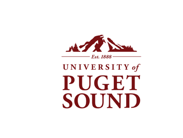 A logo for the university of puget sound with a mountain in the background