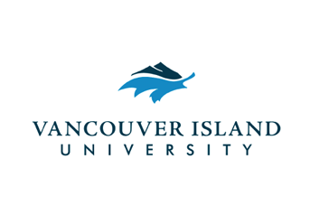 A logo for vancouver island university with a mountain in the background