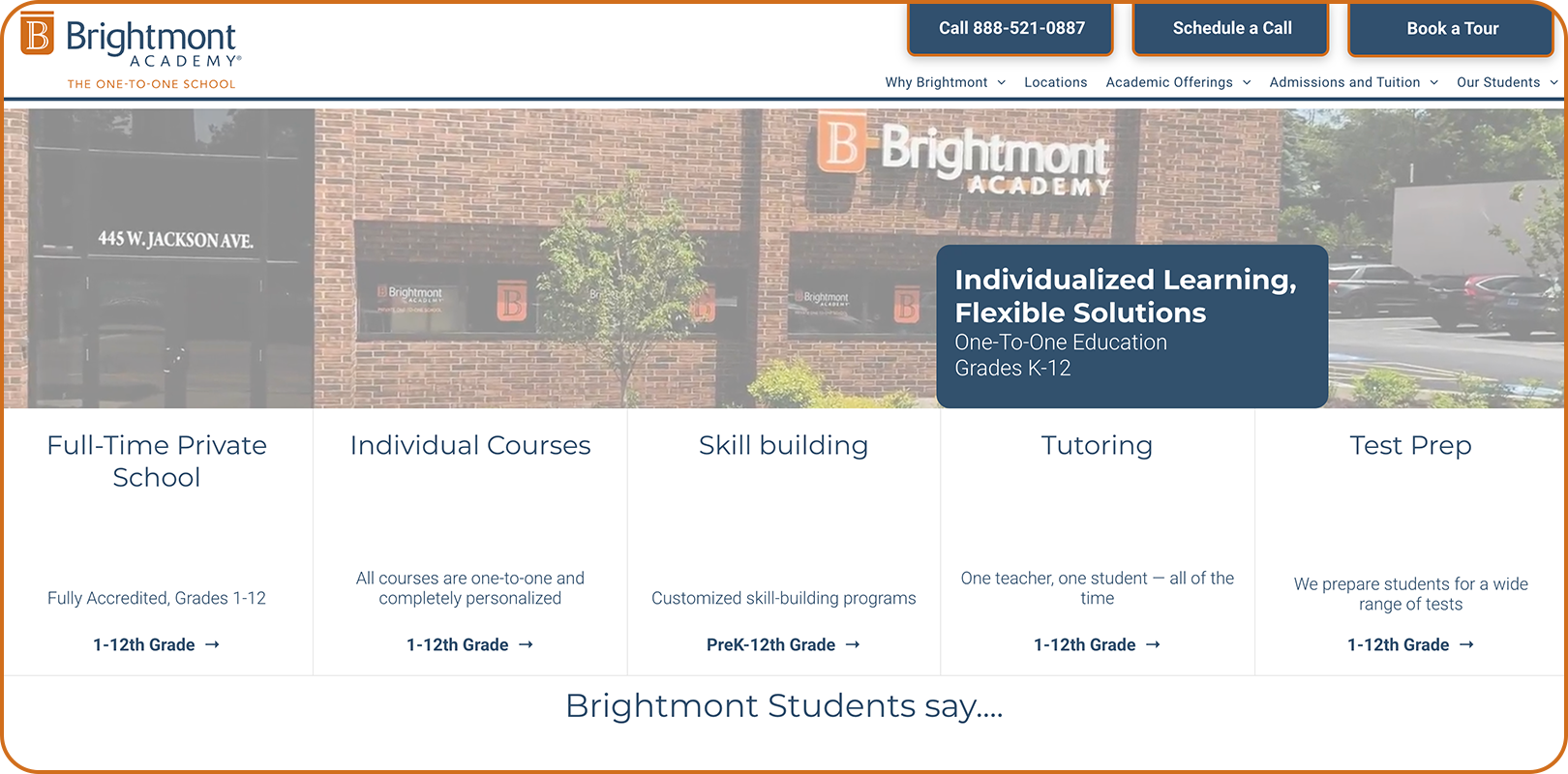 A screenshot of the homepage for Brightmont Academy, the one-to-one school.