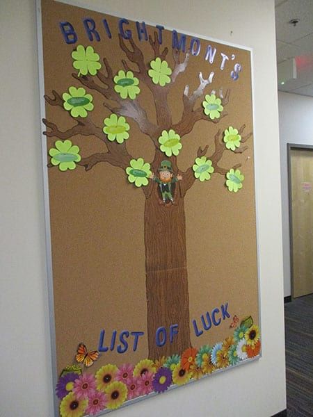 A bulletin board with a tree on it that says bright mints list of luck