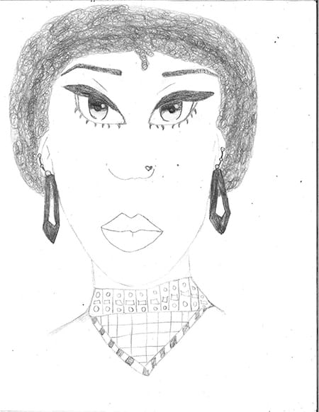 A black and white drawing of a woman 's face with earrings.