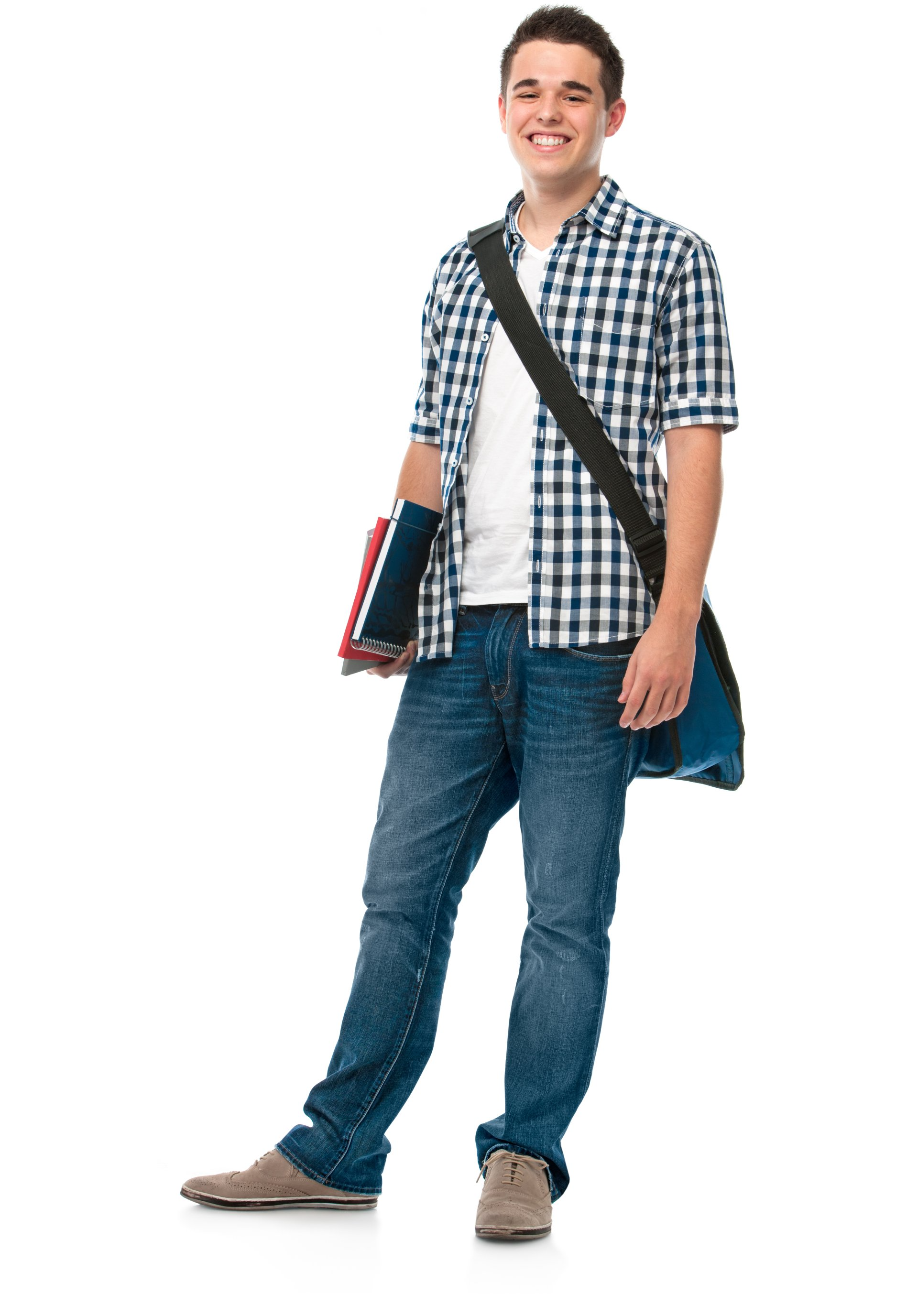 A young man in a plaid shirt is carrying a bag and books.