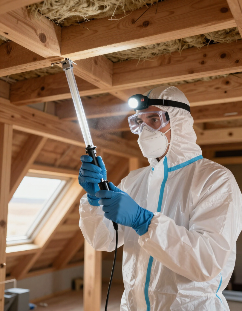 Technician inspecting attic with air testing equipment