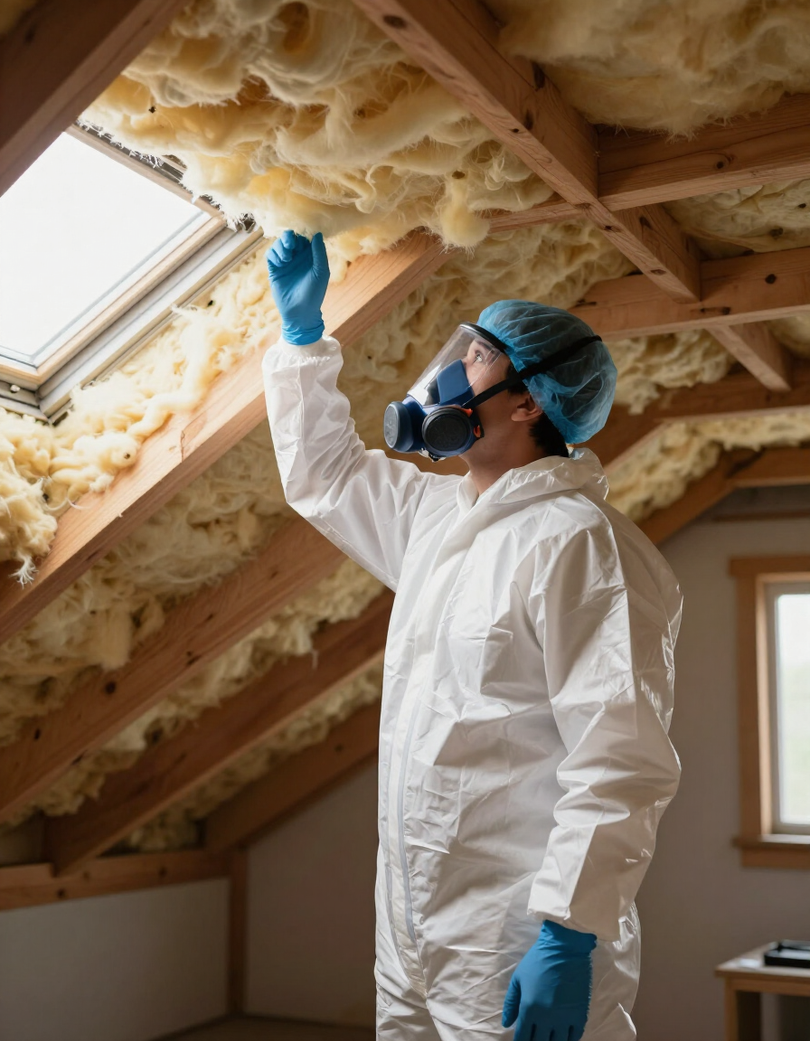 Licensed technician inspecting ceiling material for asbestos in an attic