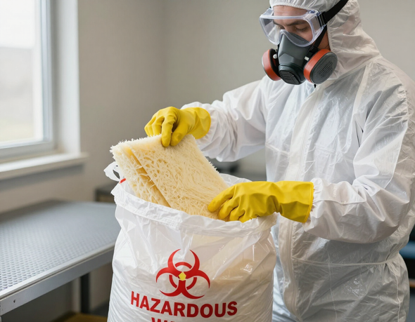 Worker bagging removed insulation in a labeled hazardous waste bag