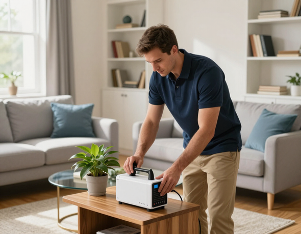 Technician placing an air sampling pump in a living room