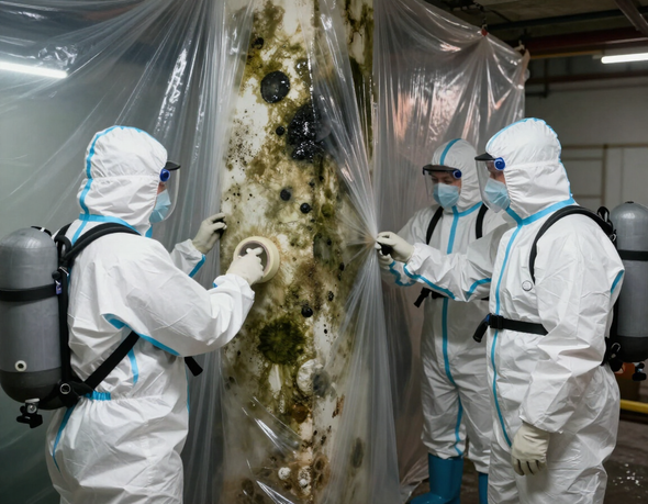 Crew in protective suits containing a mold-affected wall